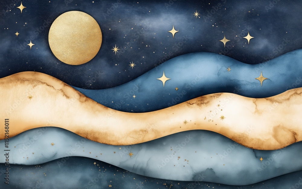 Obraz premium Intricate Artistic Map Depicting Celestial Themes with Waves and Stars, Featuring Golden Moon on a Textured Background of Vivid Blues and Warm Earth Tones