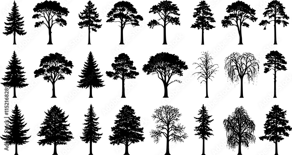silhouette tree line drawing set, Side view, set of graphics trees elements outline symbol for architecture and landscape design drawing. Vector illustration in stroke fill in white. Tropical