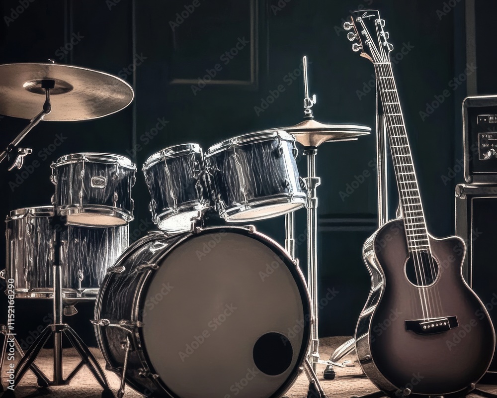 Fototapeta premium A close-up of a drum set and acoustic guitar, showcasing the beauty of musical instruments in a dimly lit setting.