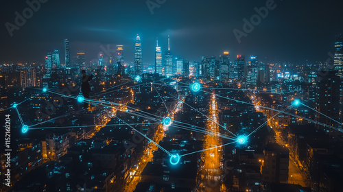 Wallpaper Mural Abstract businesswoman stands on the peak of success Smart digital city with connection cyber security network reciprocity over the cityscape future wireless digital city and social media networking Torontodigital.ca