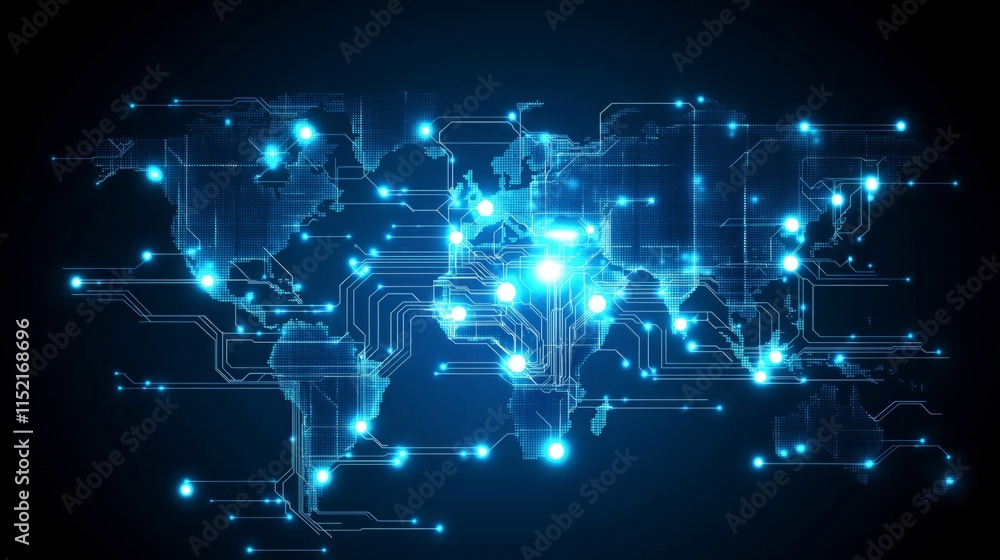 Abstract Representation of Global Energy Circuits with Illuminating Nodes in a Digital World Map Design Suitable for Technology and Innovation Themes Abstract Representation of Global Energy Circuits with Illuminating Nodes in a Digital World Map Design Suitable for Technology and Innovation Themes