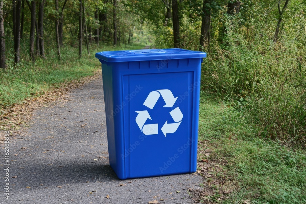 Bright blue recycling bin placed along a nature trail surrounded by trees and greenery Bright blue recycling bin placed along a nature trail surrounded by trees and greenery