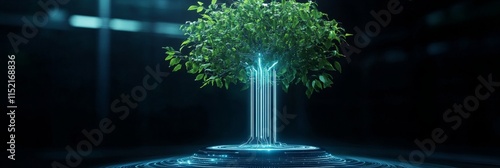 Digital Nature Tree - Futuristic tree, technology, nature, growth, digital ecosystem.  Symbolizes innovation, connection, sustainability, progress, and evolution.