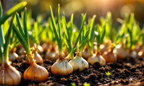 wide shot of fresh onions flourishing in rich, dark brown soil photo