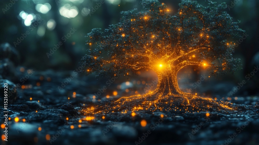 Fototapeta premium A tree radiates warm, glowing lights, creating a magical atmosphere on the forest floor. Soft twilight filters through branches, enhancing the serene environment.