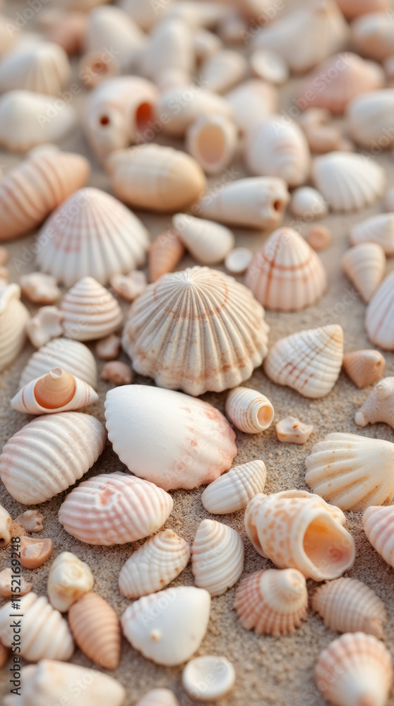 Close-Up View of Various Seashells Scattered on the Beach Forming a Natural Mosaic with Soft Pastel Colors – Phone Wallpaper HD Close-Up View of Various Seashells Scattered on the Beach Forming a Natural Mosaic with Soft Pastel Colors – Phone Wallpaper HD