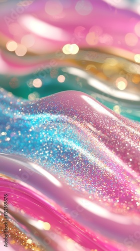 Flowing colorful glitter cascades across a wavy surface, forming a mesmerizing and vibrant abstract pattern enriched with a captivating mix of pink, blue, and gold hues