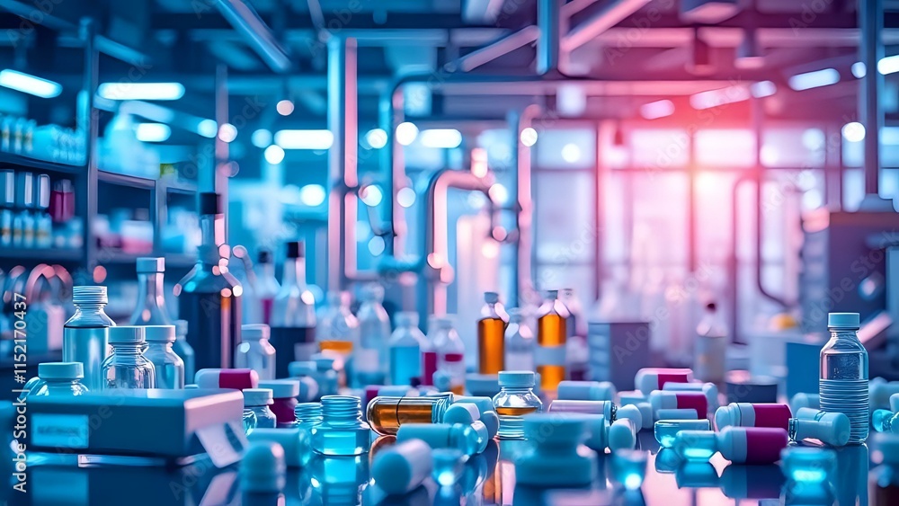 Modern Pharmaceutical Laboratory with Glass Bottles and Medical Equipment in Blue and Pink Neon Lighting, Scientific Research Background Modern Pharmaceutical Laboratory with Glass Bottles and Medical Equipment in Blue and Pink Neon Lighting, Scientific Research Background