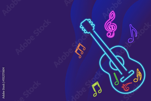 Abstract illustration for music themed designs, posters, and digital artwork, blue glowing neon guitar with colorful music notes, enhancing the visual appeal with modern neon effect.
