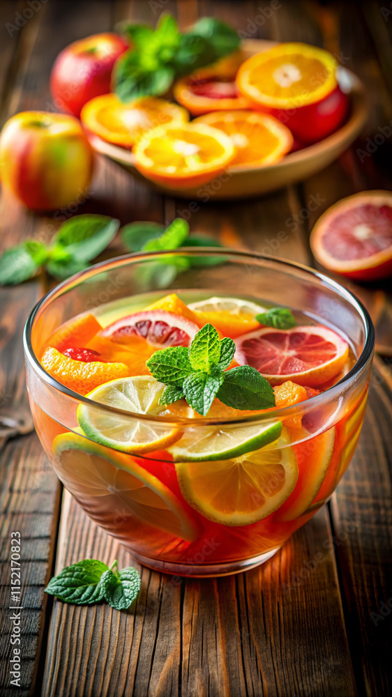 Fruit punch in a bowl with fresh citrus and mint, garnished with mint leaves Fruit punch in a bowl with fresh citrus and mint, garnished with mint leaves