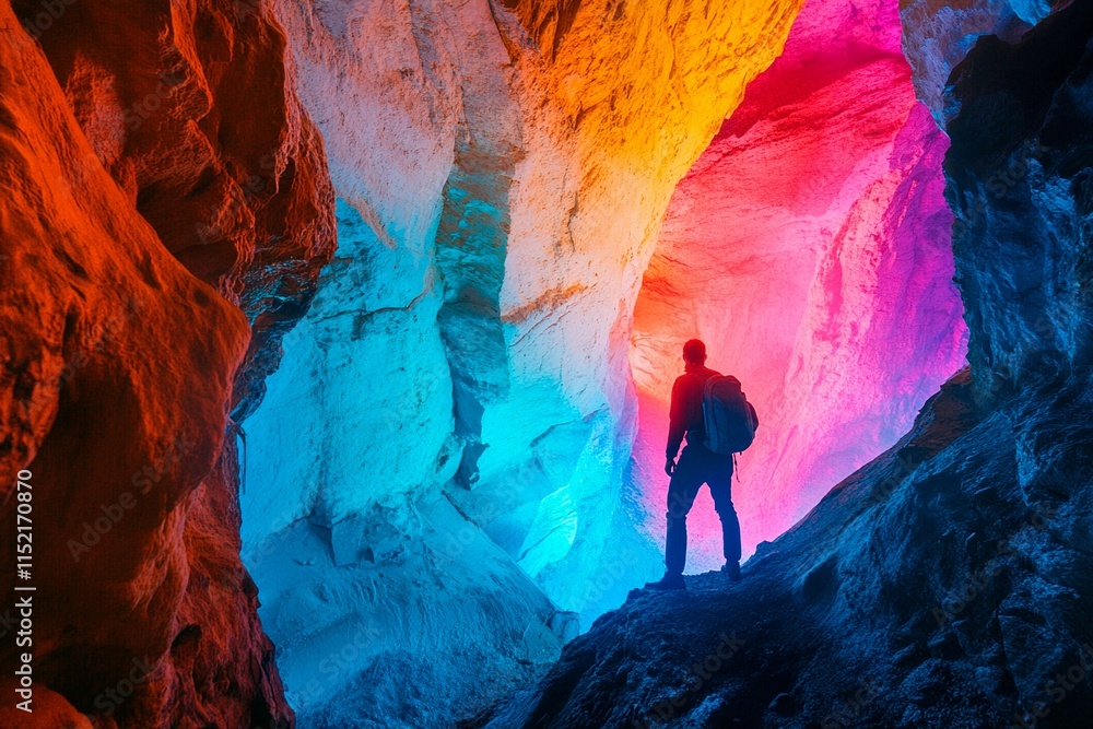 Vibrant cave exploration at twilight, showcasing nature's colorful palette Vibrant cave exploration at twilight, showcasing nature's colorful palette