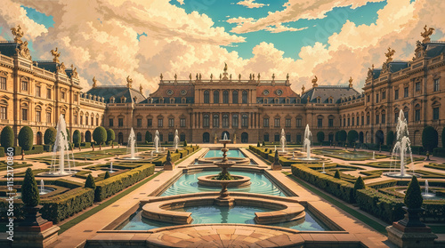 large, ornate palace with fountains and formal gardens