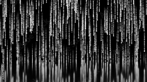 Matrix code, digital rain background, The falling white characters in verical lines on computer screen photo