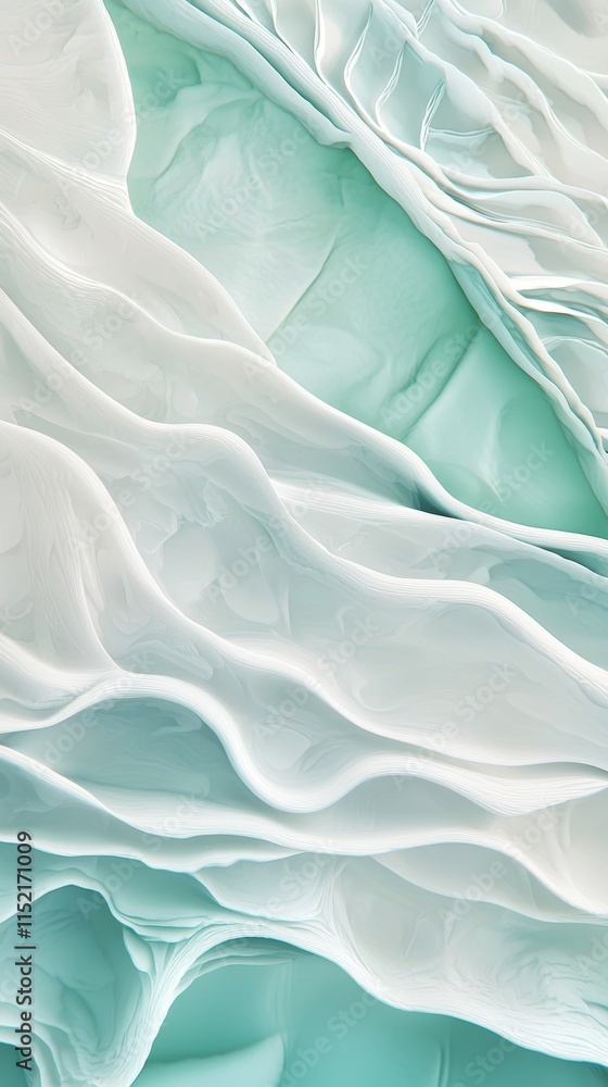 Obraz premium Fluid acrylic painting combining white and shades of green, forming an abstract design with mesmerizing ripples and waves, perfect for backgrounds, wall art, or various design projects