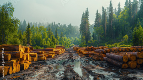 A large stack of cut trees in the forest, showing pine and spruce trees stacked high. The background is a dense coniferous forest with tall green pines and spruce-like redwood trees.