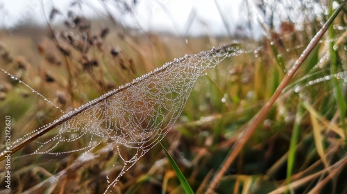 A close-up of a dew-covered spider web among grass in a natural setting.