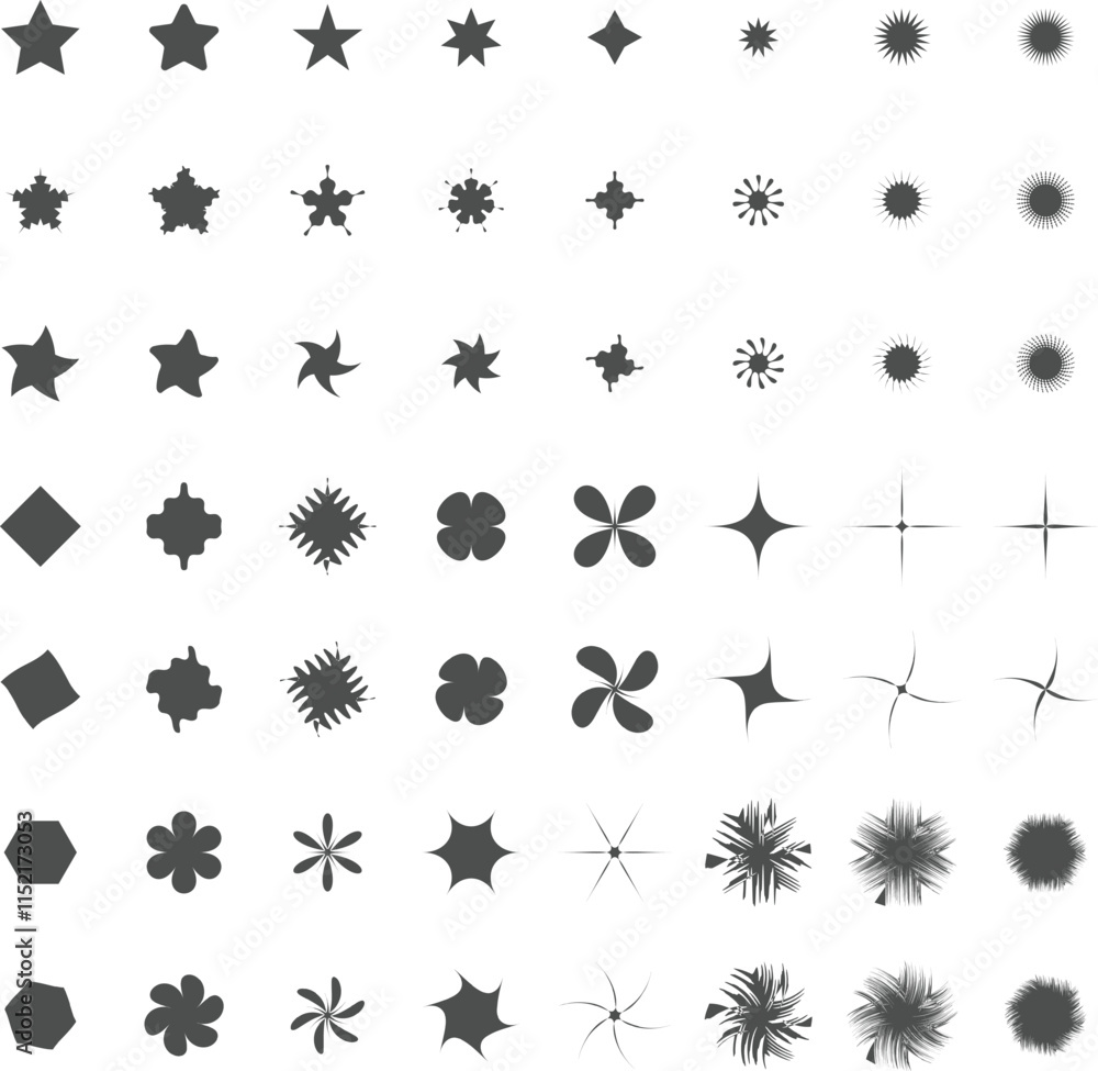 Fototapeta premium Set of golden sparkles star icons. Star png. Christmas golden star icon. Bright firework .Light gold icon set. Flash,shine sparkle icon,glare,blink star, black, Square, polygon, flower, spir