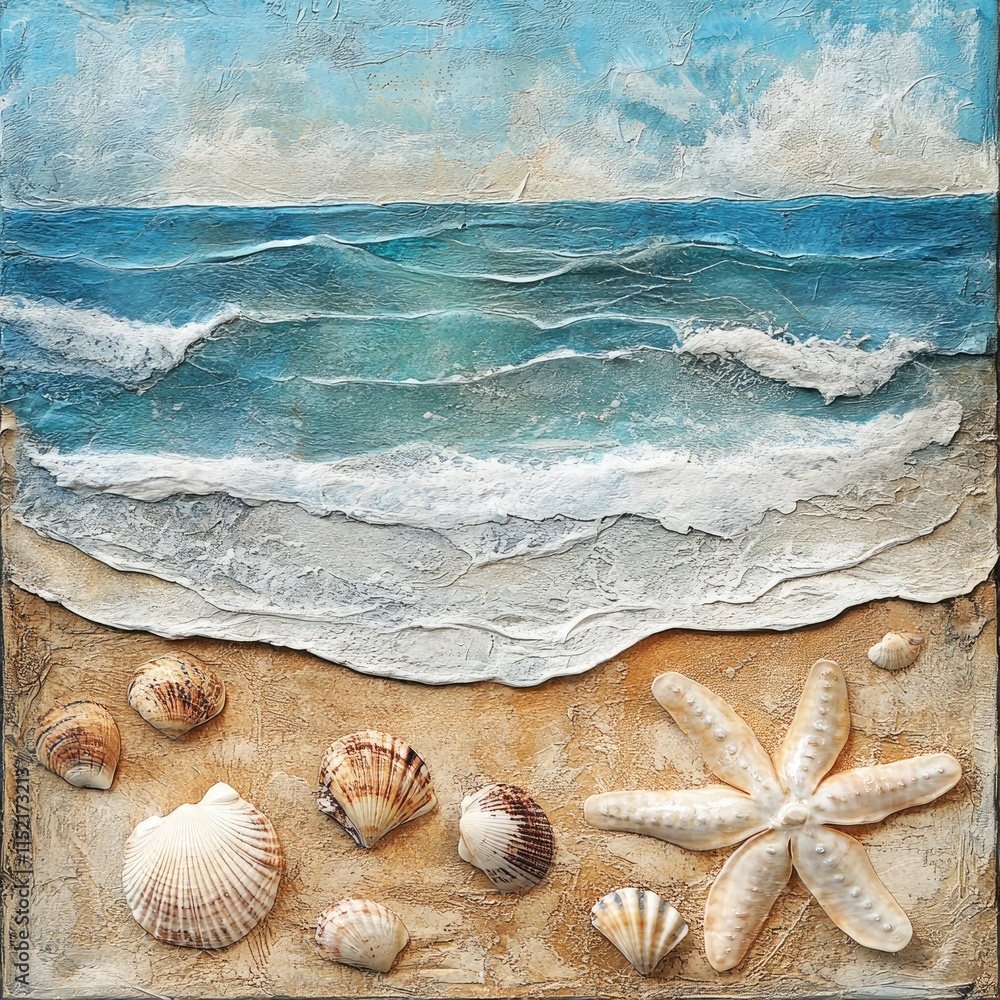Seascape Painting with Shells and Starfish on Sandy Beach Seascape Painting with Shells and Starfish on Sandy Beach