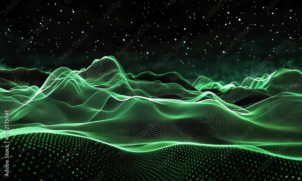 Enigmatic Green Digital Landscape Under a Starry Night Sky: Abstract digital art depicting a glowing green terrain against a dark backdrop of stars.