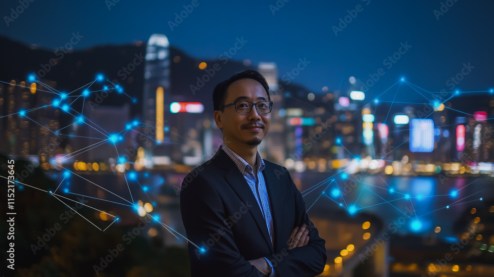 Fototapeta premium Abstract businessman stands on the peak of success Smart digital city with connection cyber security network reciprocity over the cityscape future wireless digital city and social media networking