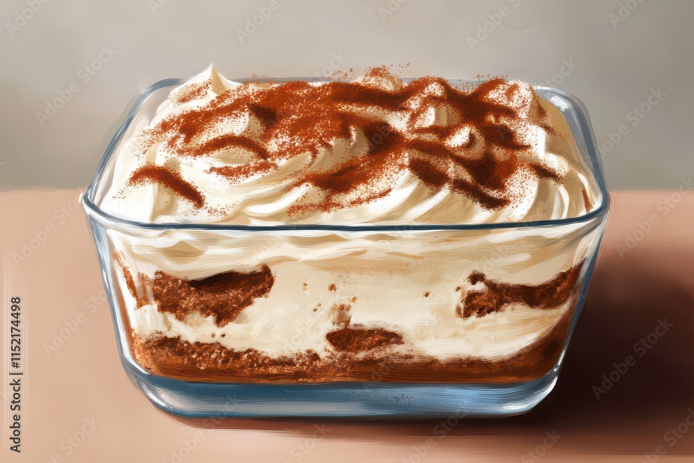 A creamy dessert layered with whipped cream and chocolate, served in a glass dish. A creamy dessert layered with whipped cream and chocolate, served in a glass dish.