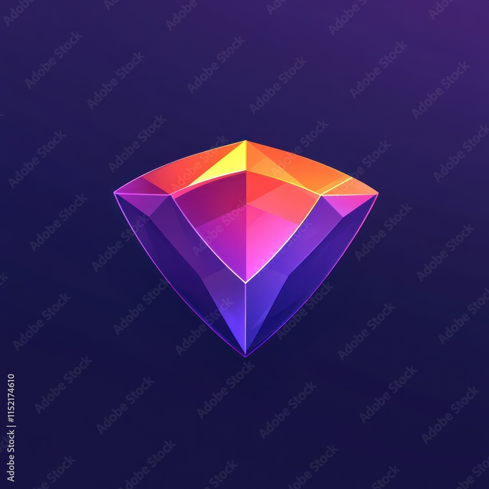 Abstract vibrant gemstone icon, triangular shape, purple, orange, and pink hues on dark background. Abstract vibrant gemstone icon, triangular shape, purple, orange, and pink hues on dark background.