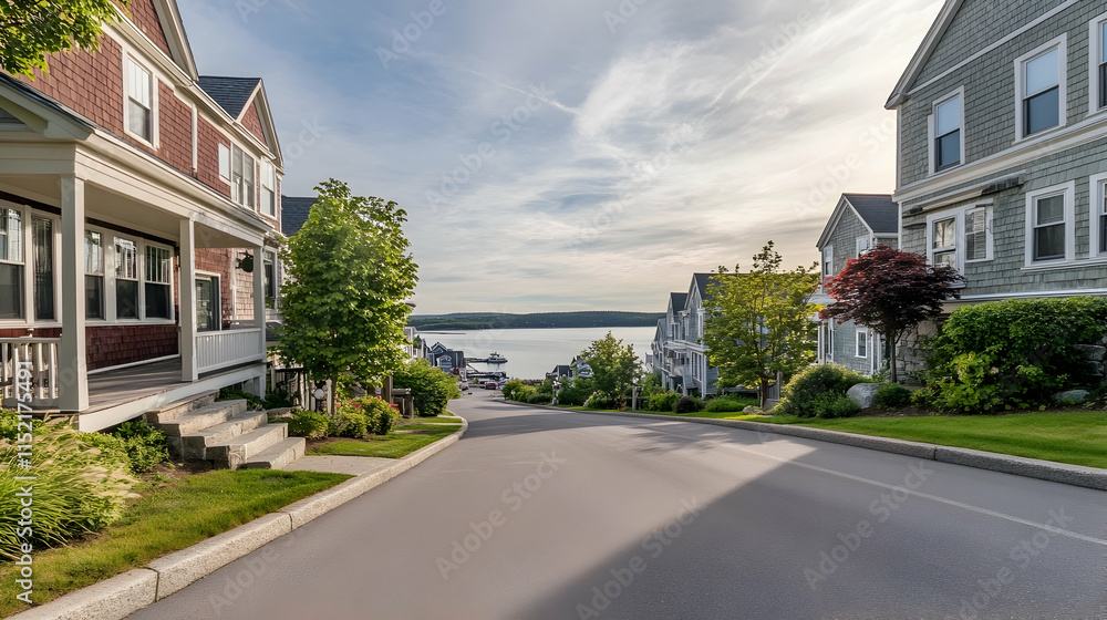 Scenic coastal street in Bar Harbor Maine with waterfront views and classic New England charm Scenic coastal street in Bar Harbor Maine with waterfront views and classic New England charm
