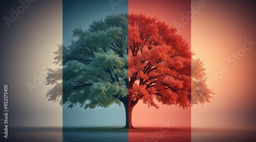  large tree, split in two. One side is green, the other red. Muted colors photo