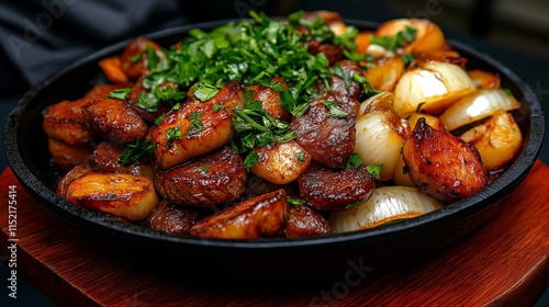 Tjvjik: Sizzling pan of fried liver and onions, with fresh parsley on the side. photo