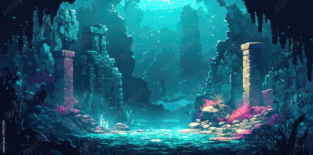 Obraz premium Submerged Ruins Ancient Pillars Glimmering Underwater Scene