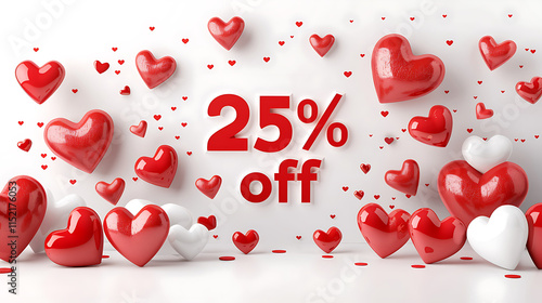 Valentine’s Day sale banner with 25% off text and red hearts on white background