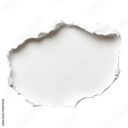 Close-up of torn white paper hole with texture, creating a layered effect. Ideal for design concepts and creative backgrounds.