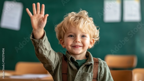 An enthusiastic child, dressed in olive, joyfully raises a hand in a classroom setting, embodying the essence of curiosity and active participation in education. photo