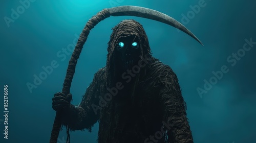 Shrouded in ethereal mist, the Reaper holds its scythe with an aura of mystery and an enigmatic presence, symbolizing death, fate, and the unknown. photo