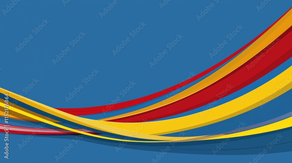 Fototapeta premium Abstract composition featuring vibrant ribbons in red, yellow, and blue, dynamically waving against a solid blue backdrop, creating a sense of motion and energy