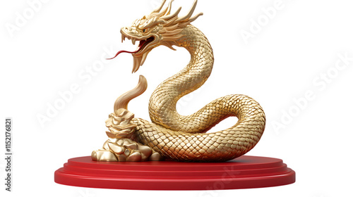 A golden Chinese snake statue on a red pedestal, isolated on transparent  photo