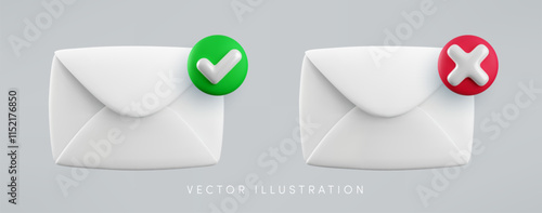 Vector cartoon 3d message checkmark icon set. 3d render approved and rejected envelope sign, yes or no document notification, checked mail, electronic mail delivery symbol for mobile app, game, web