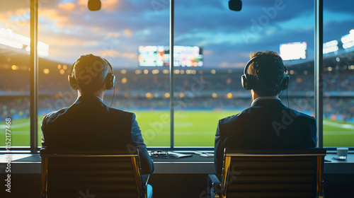 A sports announcer duo wearing headsets, seated at a commentary booth with a stadium visible in the background through the window. 
