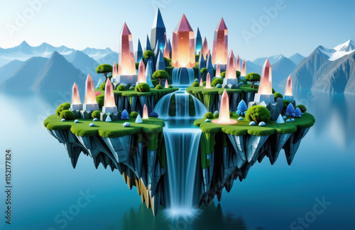 Enchanting floating island with crystals and waterfalls in a fantasy landscape photo