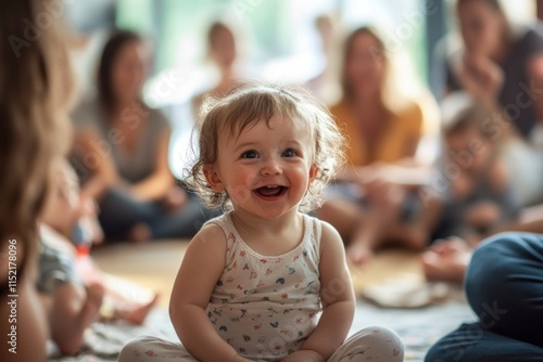 Happy Baby Smiles Amidst Blurred Adults
