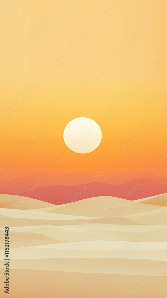 Fototapeta premium Minimalist vector illustration depicting a tranquil desert landscape featuring rolling sand dunes basking under a bright sun within a warm, orange sky, creating a serene atmosphere