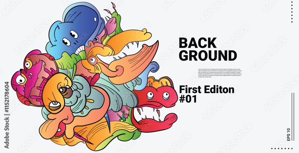 Naklejka premium Design Abstract Doodle Art Object Landing Page Concept Red Background. Face or Bird character with funny faces. Smiling monsters, monsters with big eyes and teeth, cute illustration