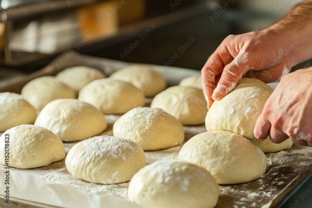 Fototapeta premium Baker hands shaping dough balls for baking bread