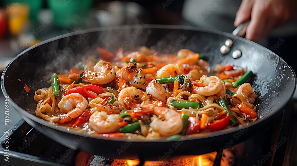 Steaming shrimp stir-fry with vegetables in a wok. Steaming shrimp stir-fry with vegetables in a wok.