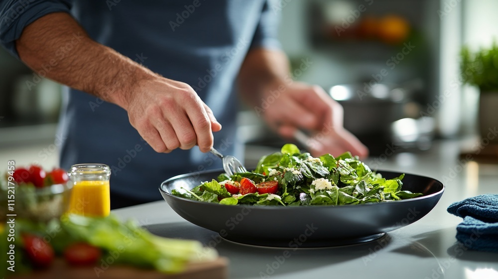 Healthy Lifestyle Choice Man Enjoying Fresh, Vibrant Salad in a Modern Kitchen Setting. Healthy Lifestyle Choice Man Enjoying Fresh, Vibrant Salad in a Modern Kitchen Setting.
