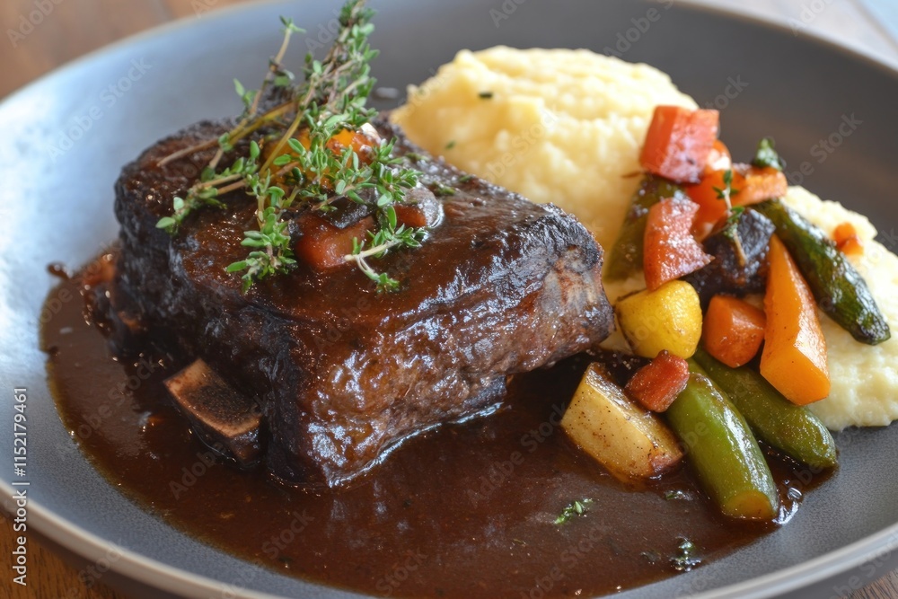 Braised Beef Short Ribs Served with Mashed Potatoes and Vegetables Braised Beef Short Ribs Served with Mashed Potatoes and Vegetables