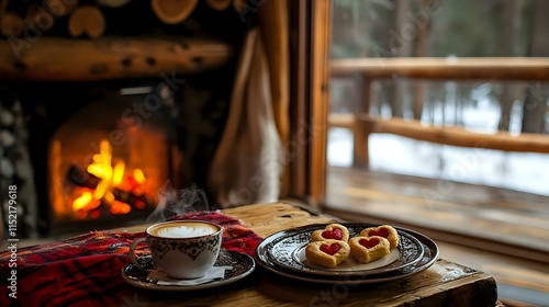 Wallpaper Mural A cozy lakeside cabin offering Valentine's breakfast, couples enjoying coffee near a warm fire, with soft heart-shaped pastries served on rustic plates Torontodigital.ca