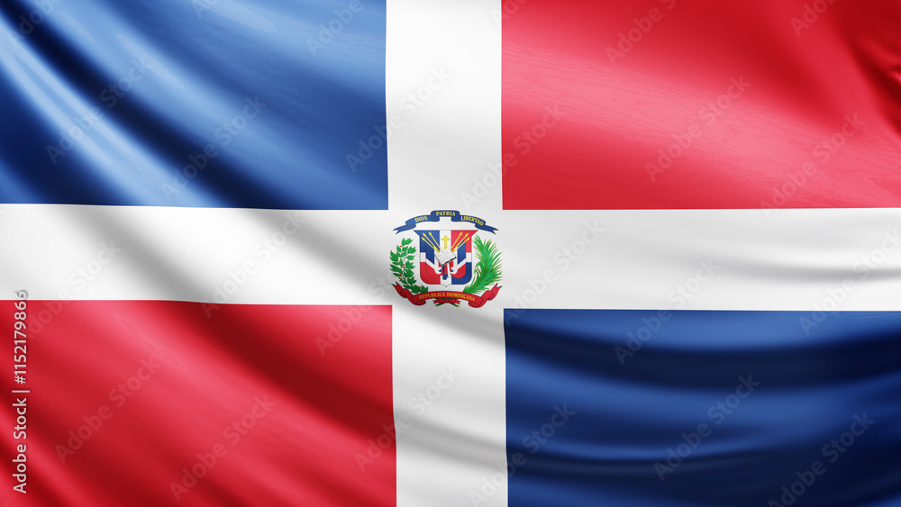 Naklejka premium Dominican republic flag picture, close-up shot of dominican nation flag, america, animated flag background photo, 3D photo of a flag, national symbol of american country, patriotism, full screen