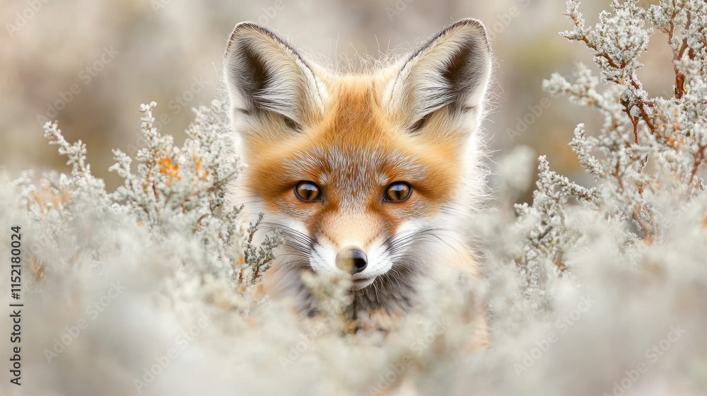 Fototapeta premium A close-up of a red fox peering through soft, muted vegetation in a natural setting.