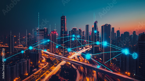 Wallpaper Mural Smart digital city with connection cyber security network reciprocity over the cityscape . future smart wireless digital city and social media networking systems that connects people within the city Torontodigital.ca